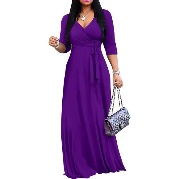 Women Plus Size Maxi Dress Bohemian Floral V-Neck 3/4 Sleeve Wrap - Picture 1 of 3
